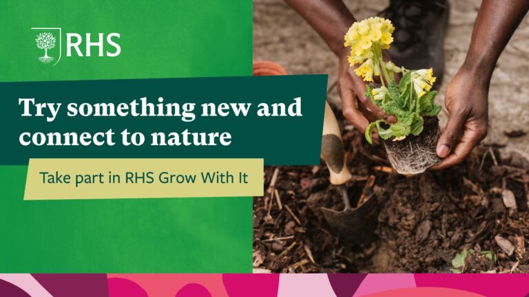 Person planting yellow flower with "RHS" text, promoting free seeds and gardening support. RHS Grow With It, Leeds volunteering context.
